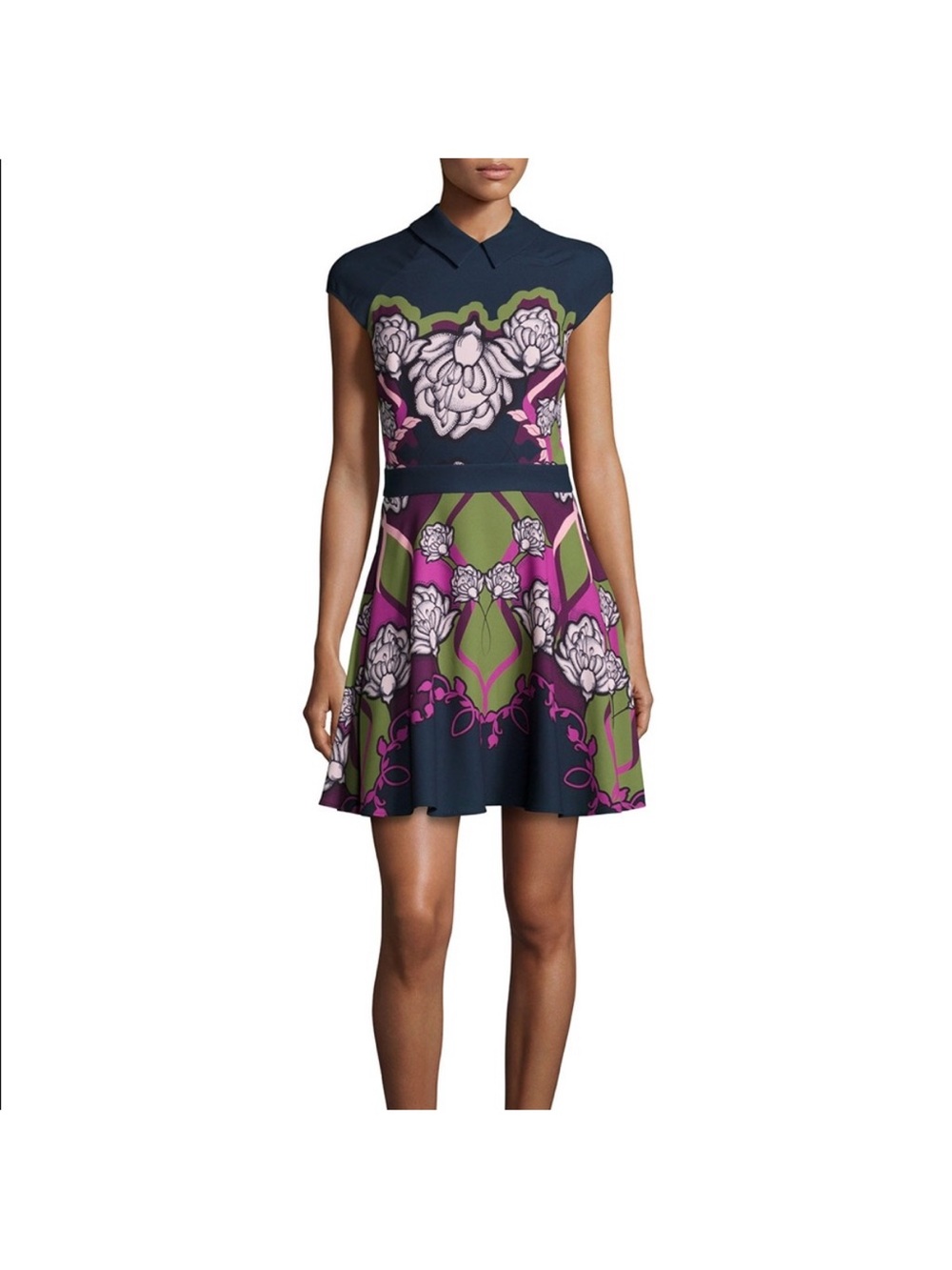 Ted Baker Floral Fit-and-Flare Mini Dress in Navy, Purple, and Olive